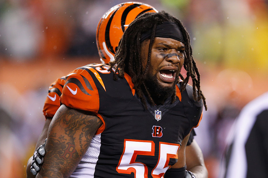 CINCINNATI, OH - JANUARY 09: Vontaze Burfict #55 of the Cincinnati Bengals reacts in the third quarter against the Pittsburgh Steelers during the AFC Wild Card Playoff game at Paul Brown Stadium on January 9, 2016 in Cincinnati, Ohio.