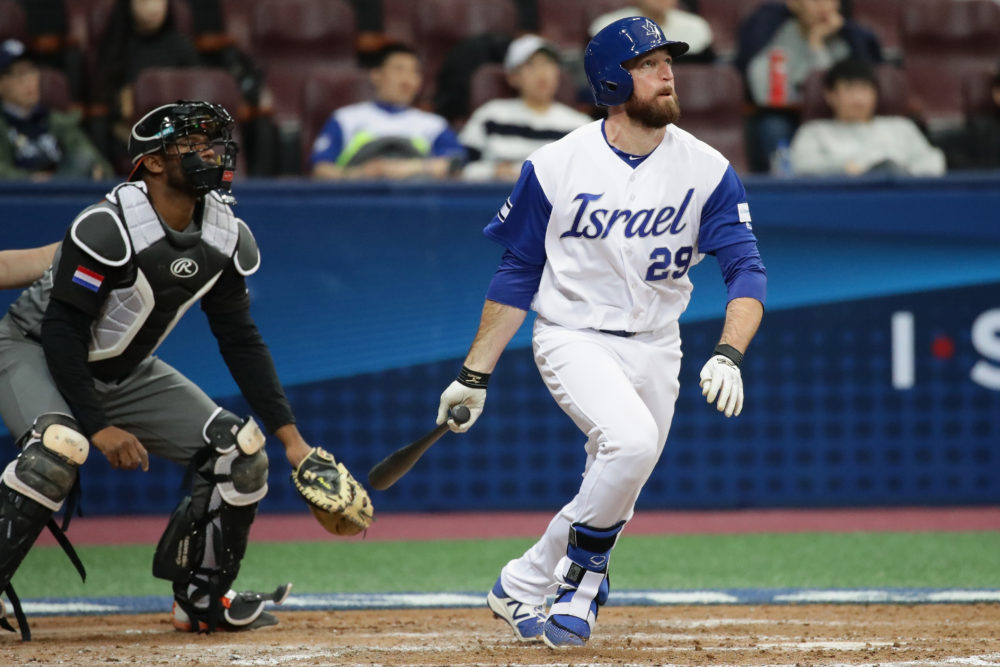 SEOUL, SOUTH KOREA - MARCH 09: Infielder Ike Davis of Israel flies out in the bottom of the fourth inning during the World Baseball Classic Pool A Game Five between Netherlands and Israel at Gocheok Sky Dome on March 9, 2017 in Seoul, South Korea.