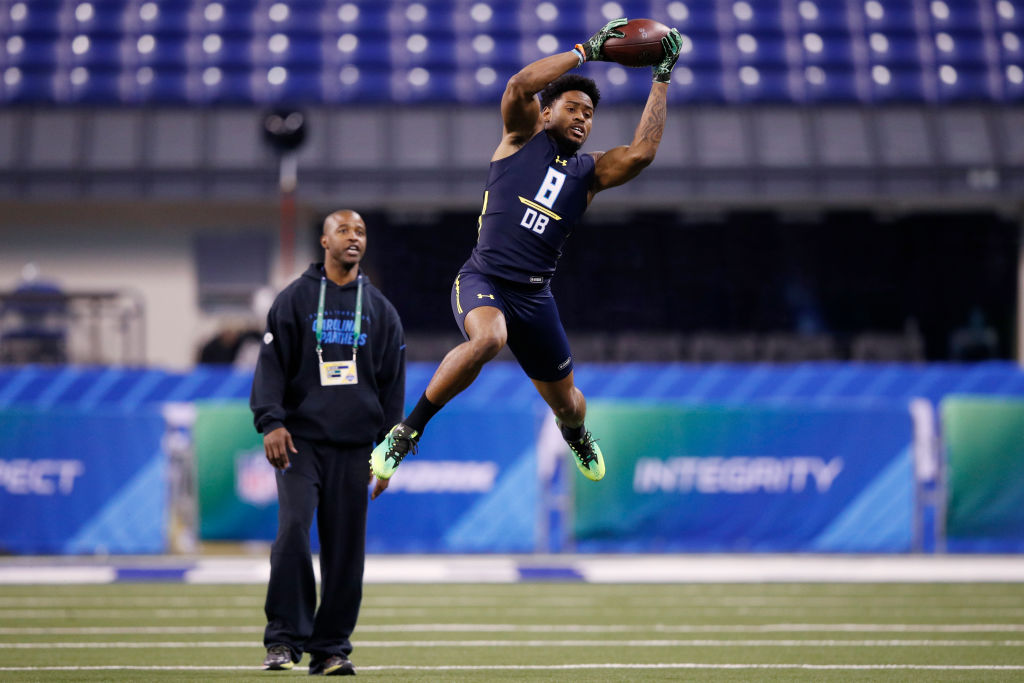 INDIANAPOLIS, IN - MARCH 06: Defensive back Gareon Conley of Ohio State participates in a drill during day six of the NFL Combine at Lucas Oil Stadium on March 6, 2017 in Indianapolis, Indiana.