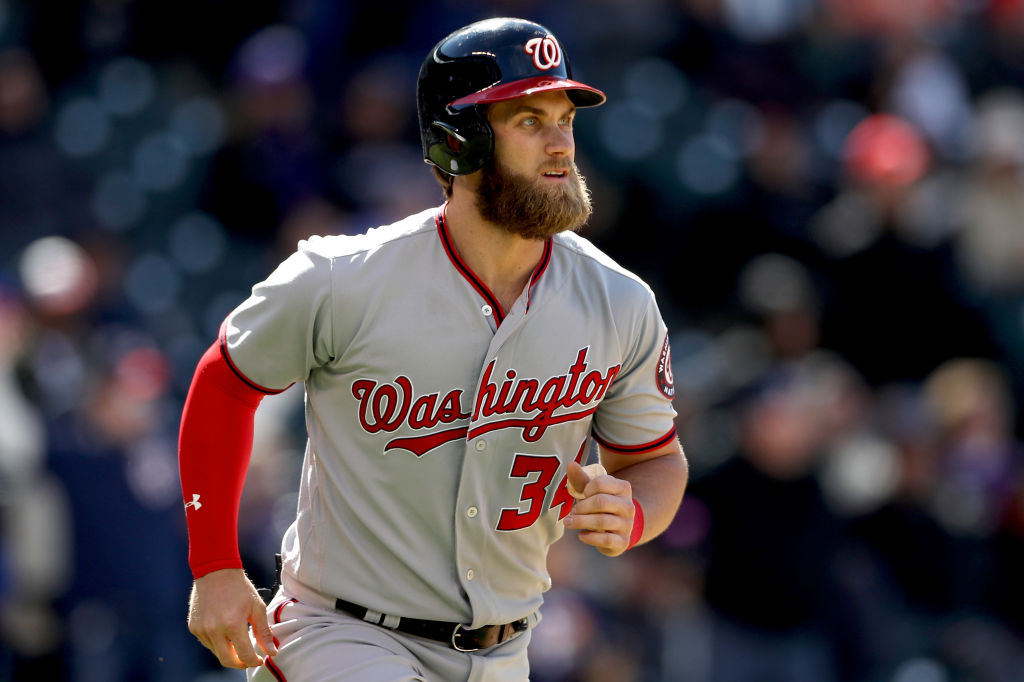 DENVER, CO - APRIL 27: Bryce Harper #34 of the Washington Nationals circles the bases after hitting a 3 RBI home run in the seventh inning against the Colorado Rockies at Coors Field on April 27, 2017 in Denver, Colorado.