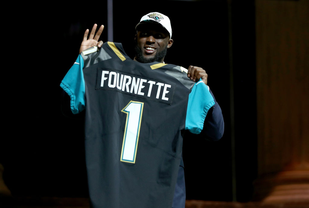 PHILADELPHIA, PA - APRIL 27:  Leonard Fournette of LSU reacts poses after being picked #4 overall by the Jacksonville Jaguars during the first round of the 2017 NFL Draft at the Philadelphia Museum of Art on April 27, 2017 in Philadelphia, Pennsylvania