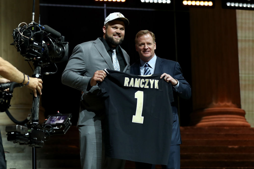 PHILADELPHIA, PA - APRIL 27: (L-R) Ryan Ramczyk of Wisconsin poses with Commissioner of the National Football League Roger Goodell after being picked #32 overall by the New Orleans Saints during the first round of the 2017 NFL Draft at the Philadelphia Museum of Art on April 27, 2017 in Philadelphia, Pennsylvania.