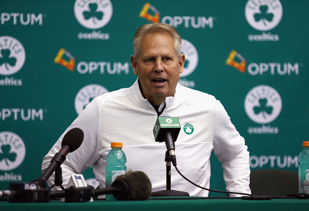 WALTHAM, MA - SEPTEMBER 26: General manager Danny Ainge of the Boston Celtics speaks with the media during Boston Celtics Media Day on September 26, 2016 in Waltham, Massachusetts.