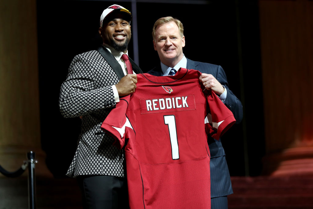 PHILADELPHIA, PA - APRIL 27: (L-R) Haason Reddick of Temple poses with Commissioner of the National Football League Roger Goodell after being picked #13 overall by the Arizona Cardinals during the first round of the 2017 NFL Draft at the Philadelphia Museum of Art on April 27, 2017 in Philadelphia, Pennsylvania.