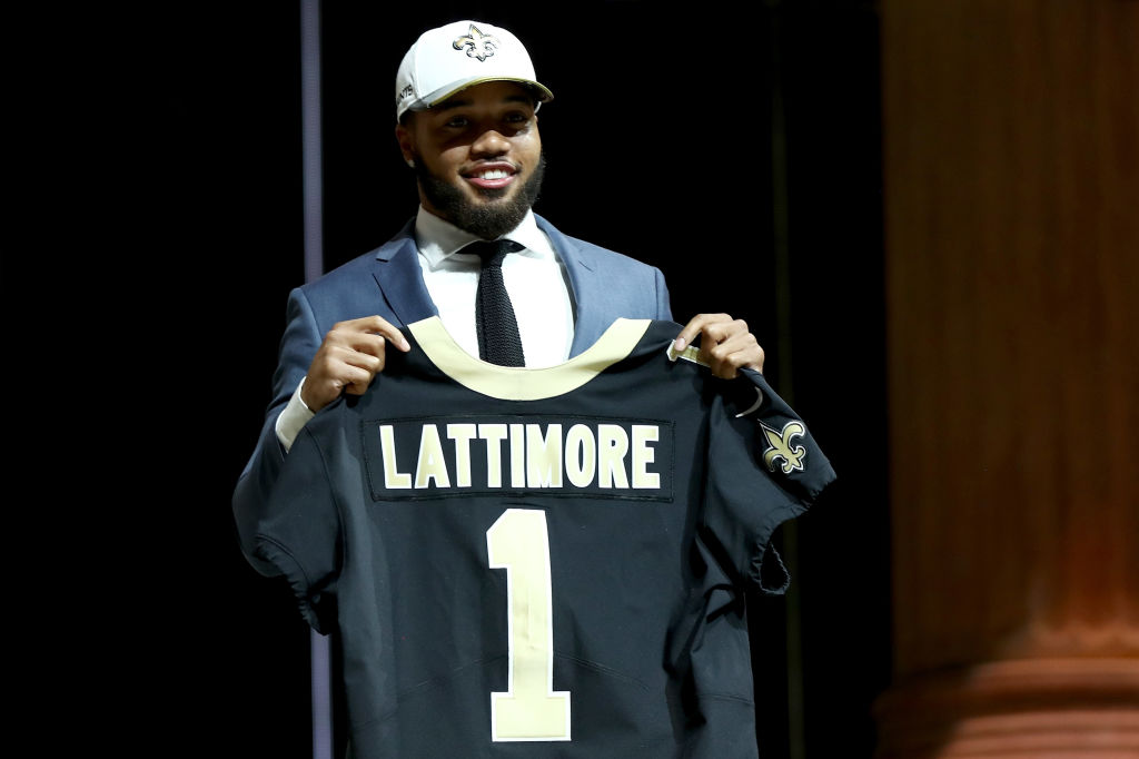 PHILADELPHIA, PA - APRIL 27: Marshon Lattimore of Ohio State reacts after being picked #11 overall by the New Orleans Saints during the first round of the 2017 NFL Draft at the Philadelphia Museum of Art on April 27, 2017 in Philadelphia, Pennsylvania.