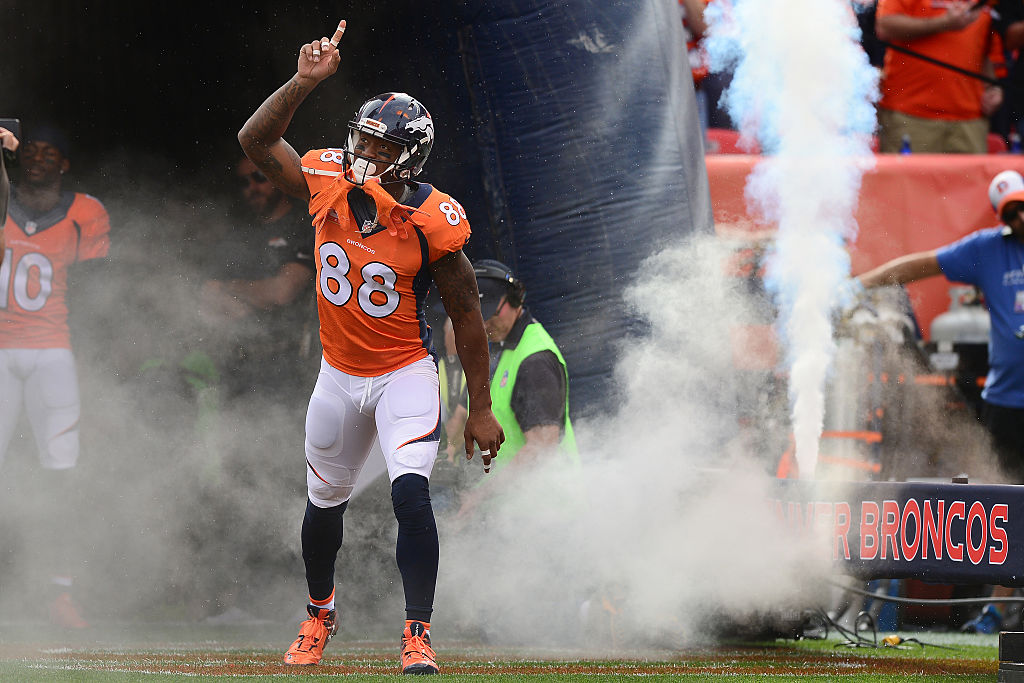 DENVER, CO - OCTOBER 30: Wide receiver Demaryius Thomas #88 of the Denver Broncos points up while introduced to the game against the San Diego Chargers at Sports Authority Field at Mile High on October 30, 2016 in Denver, Colorado.