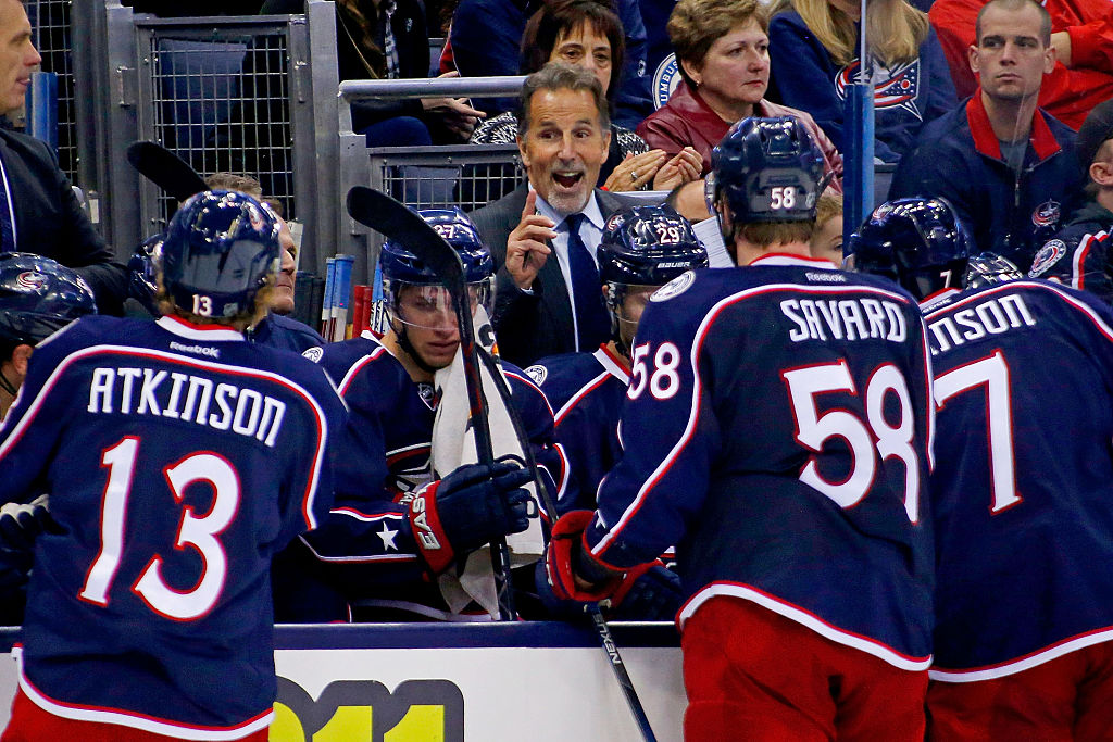 COLUMBUS, OH - NOVEMBER 14: Head Coach John Tortorella of the Columbus Blue Jackets speaks to his players during a time out in the game against the Arizona Coyotes on November 14, 2015 at Nationwide Arena in Columbus, Ohio. Columbus defeated Arizona 5-2.