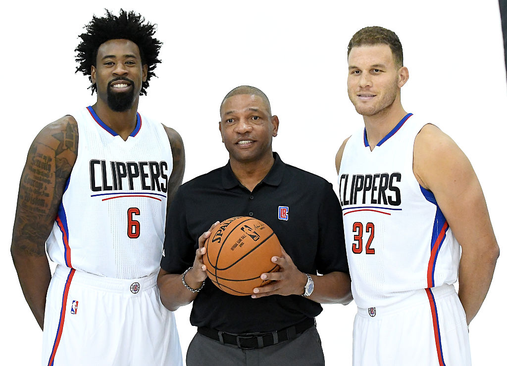 PLAYA VISTA, CA - SEPTEMBER 26:  Doc Rivers of the Los Angeles Clippers with DeAndre Jordan #6 and Blake Griffin #32 during media day at the Los Angeles Clippers Training Center on September 26, 2016 in Playa Vista, California.  NOTE TO USER: User expressly acknowledges and agrees that, by downloading and/or using this photograph, user is consenting to the terms and conditions of the Getty Images License Agreement. Mandatory copyright notice. 