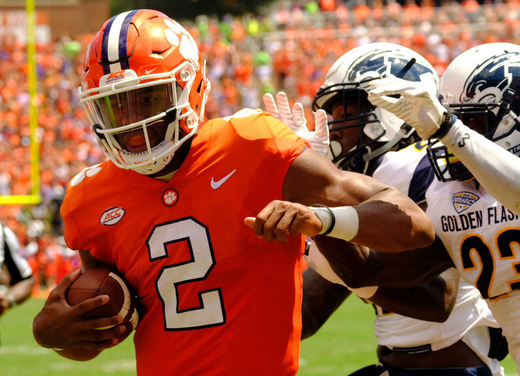 CLEMSON, SC - SEPTEMBER 2: Quarterback Kelly Bryant #2 of the Clemson Tigers scores a touchdown against the Kent State Golden Flashes on September 2, 2017 at Memorial Stadium in Clemson, South Carolina.