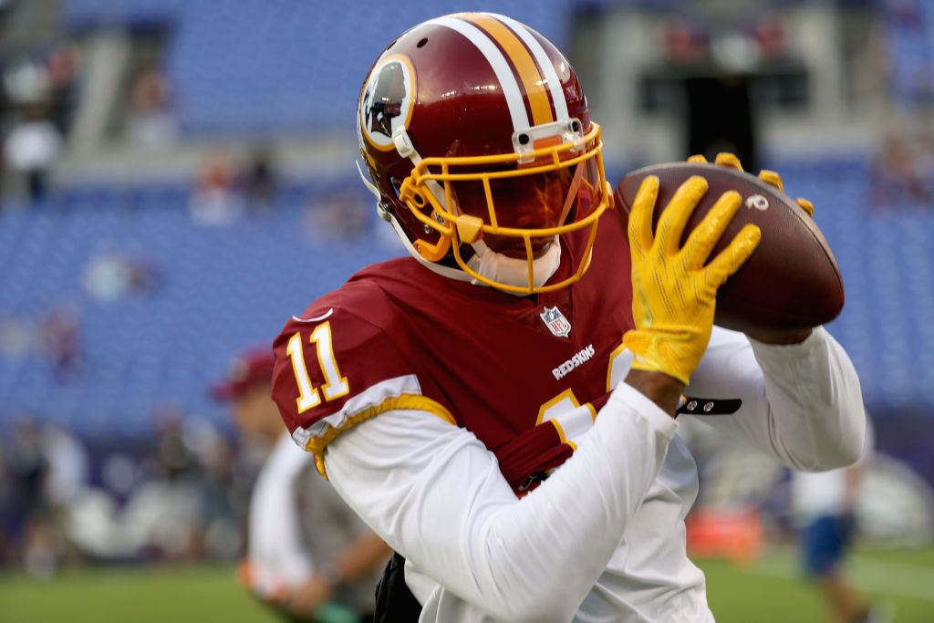 Wide receiver Terrelle Pryor #11 of the Washington Redskins warms up before the start of a preseason game against the Baltimore Ravens at M&T Bank Stadium on August 10, 2017 in Baltimore, Maryland.