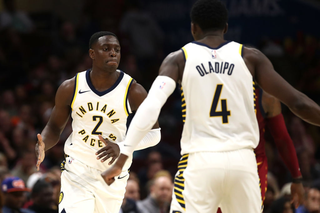 CLEVELAND, OH - NOVEMBER 01: Darren Collison #2 of the Indiana Pacers celebrates a fourth quarter basket with Victor Oladipo #4 while playing the Cleveland Cavaliers at Quicken Loans Arena on November 1, 2017 in Cleveland, Ohio