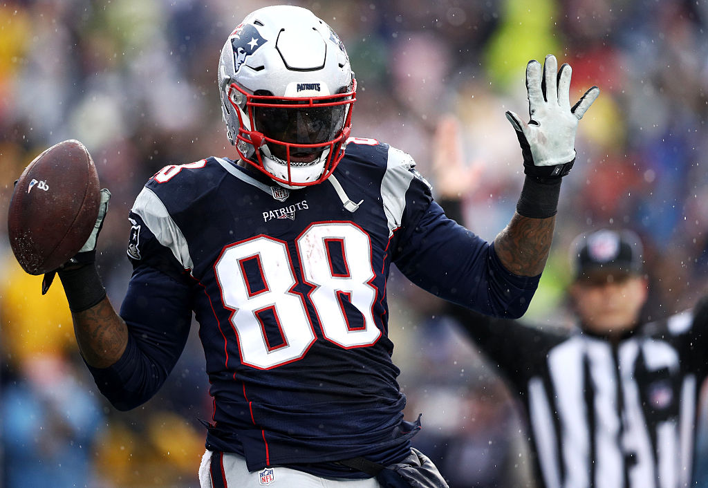 FOXBORO, MA - DECEMBER 24: Martellus Bennett #88 of the New England Patriots celebrates after scoring a touchdown against the New York Jets during the first half at Gillette Stadium on December 24, 2016 in Foxboro, Massachusetts.
