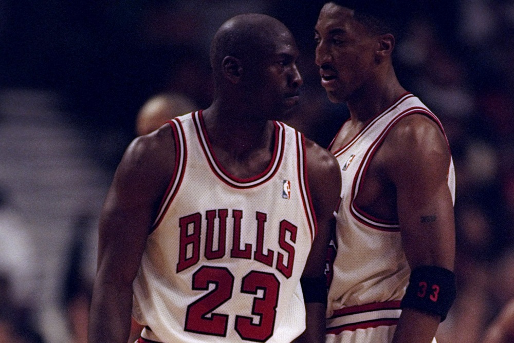 3 May 1998: Michael Jordan #23 bumps Scottie Pippen #33 of the Chicago Bulls during the NBA Playoffs round 1 game against the Charlotte Hornets at the United Center in Chicago, Illinois. The Bulls defeated the Hornets 83-70.