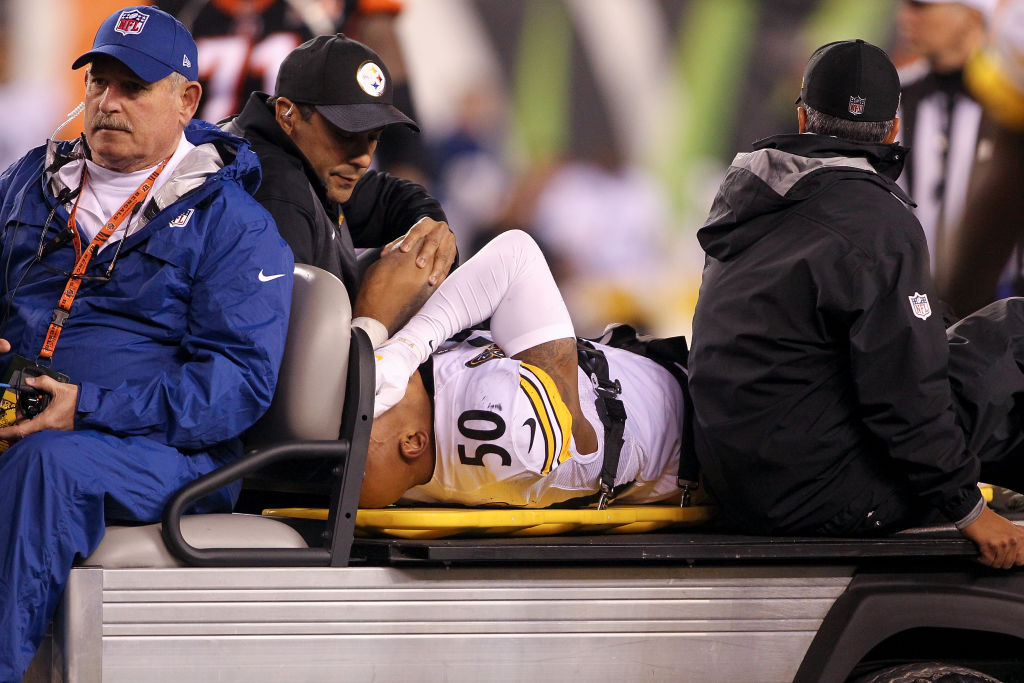 CINCINNATI, OH - DECEMBER 04: Ryan Shazier #50 of the Pittsburgh Steelers reacts as he is carted off the field after a injury against the Cincinnati Bengals during the first half at Paul Brown Stadium on December 4, 2017 in Cincinnati, Ohio.