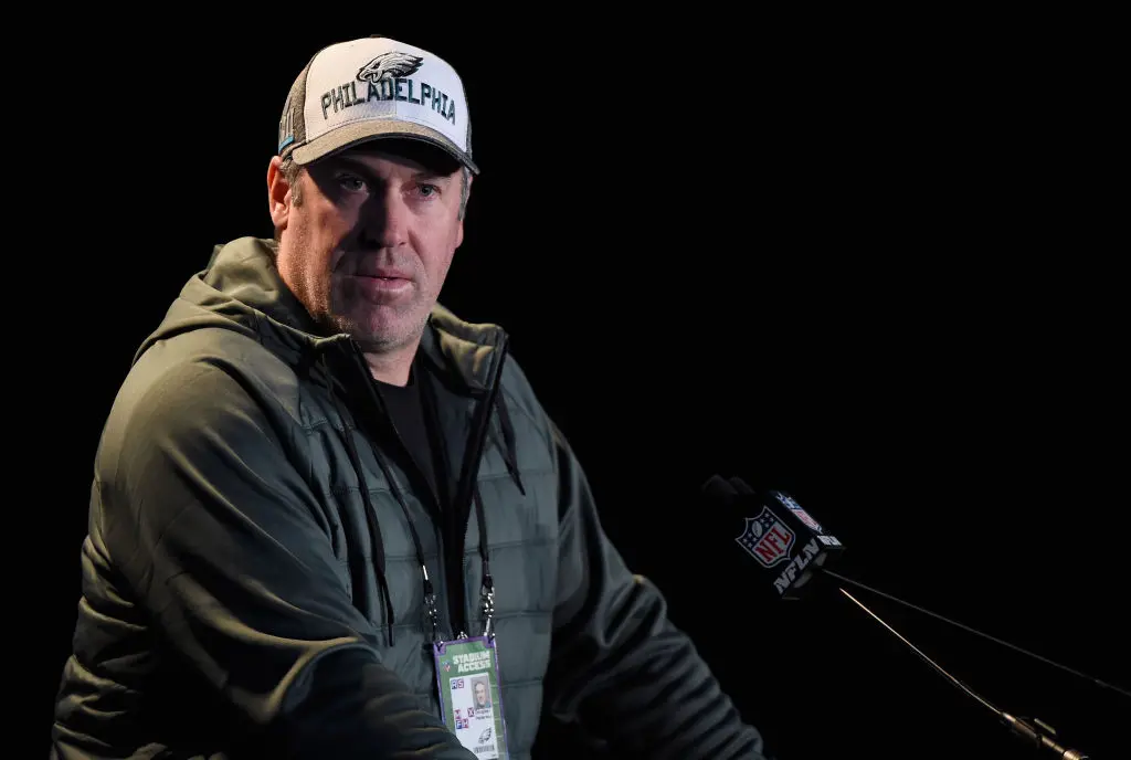 BLOOMINGTON, MN - JANUARY 31: Head coach Doug Pederson of the Philadelphia Eagles speaks to the media during Super Bowl LII media availability on January 31, 2018 at Mall of America in Bloomington, Minnesota. The Philadelphia Eagles will face the New England Patriots in Super Bowl LII on February 4th.