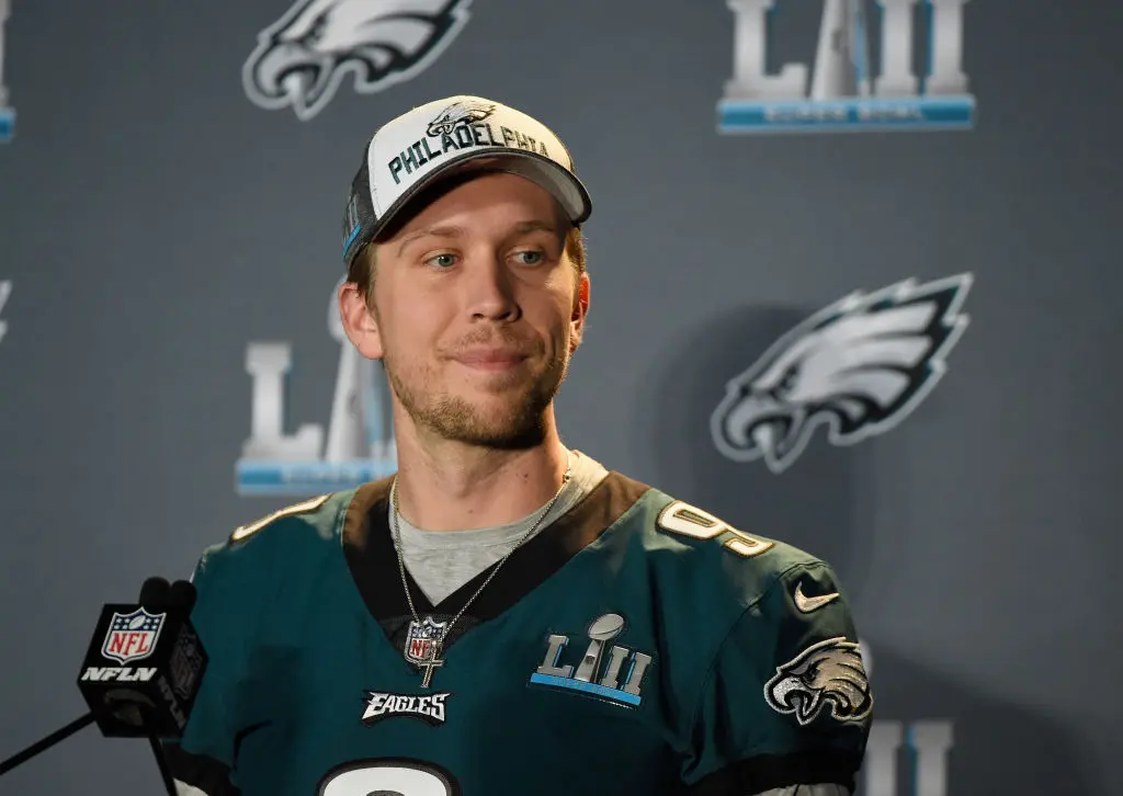 BLOOMINGTON, MN - JANUARY 31: Nick Foles #9 of the Philadelphia Eagles speaks to the media during Super Bowl LII media availability on January 31, 2018 at Mall of America in Bloomington, Minnesota. The Philadelphia Eagles will face the New England Patriots in Super Bowl LII on February 4th.