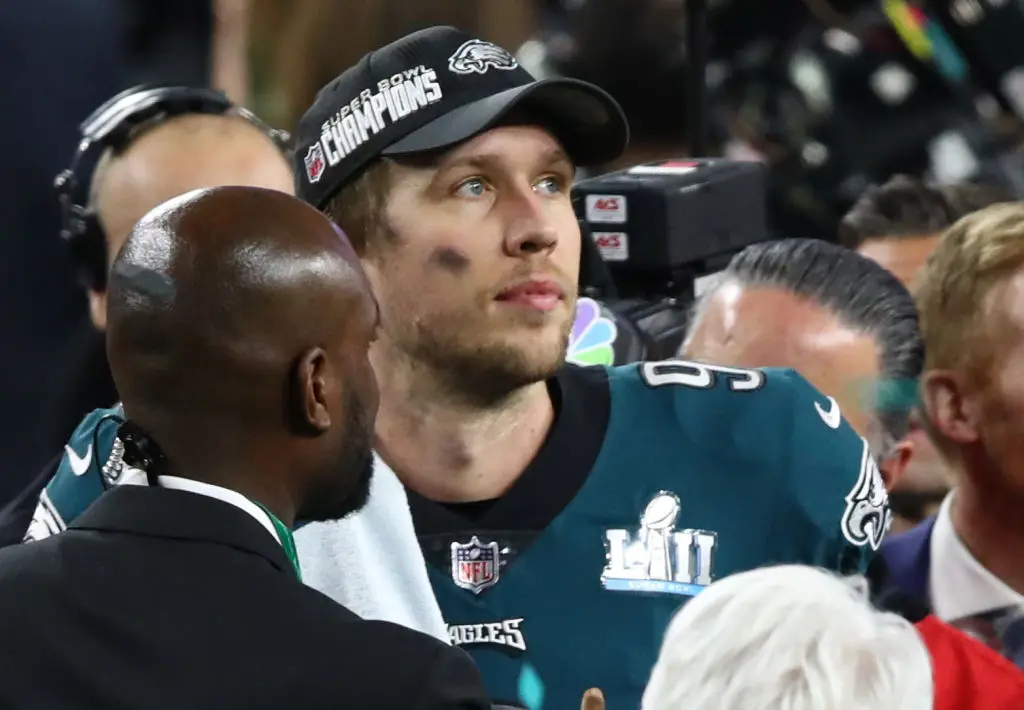 MINNEAPOLIS, MN - FEBRUARY 04: Nick Foles #9 of the Philadelphia Eagles celebrates defeating the New England Patriots 41-33 in Super Bowl LII at U.S. Bank Stadium on February 4, 2018 in Minneapolis, Minnesota. (Photo by Gregory Shamus/Getty Images)