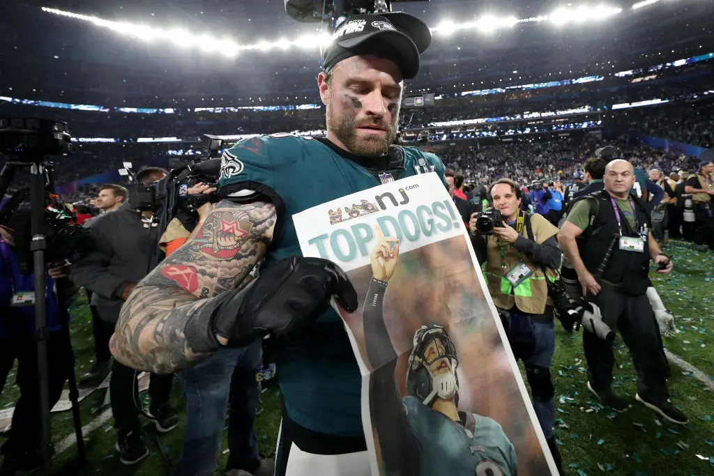 MINNEAPOLIS, MN - FEBRUARY 04: Chris Long #56 of the Philadelphia Eagles celebrates after defeating the New England Patriots 41-33 in Super Bowl LII at U.S. Bank Stadium on February 4, 2018 in Minneapolis, Minnesota