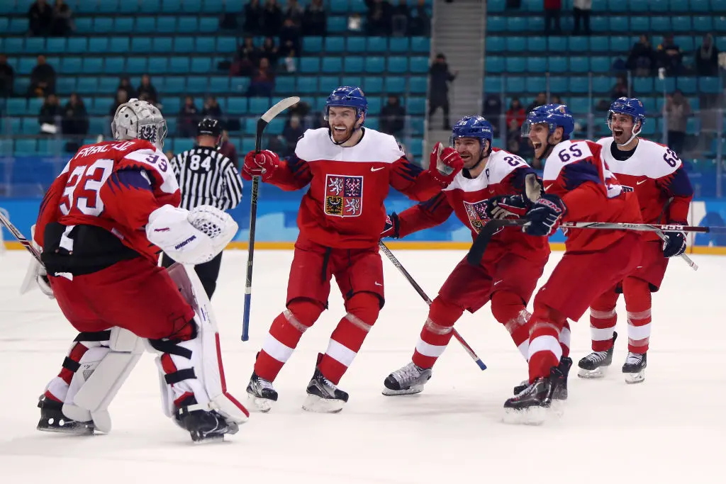 Team Czech Republic celebrates after defeating the United States 3-2 in an overtime shootout during the Men's Play-offs Quarterfinals on day twelve of the PyeongChang 2018 Winter Olympic Games at Gangneung Hockey Centre on February 21, 2018 in Gangneung, South Korea. 