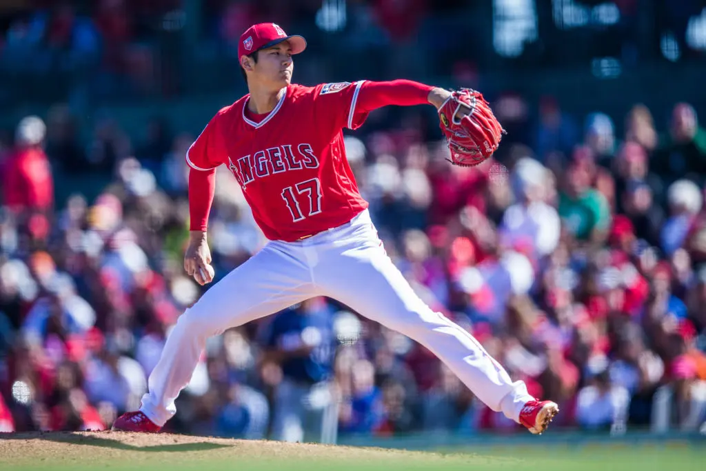 TEMPE, AZ - FEBRUARY 24: Shohei Ohtani #17 pitcher of the Los Angeles Angels of Anaheim pitches against the Milwaukee Brewers during a Spring Training Game at Goodyear Ballpark on February 24, 2018 in Goodyear, Arizona.