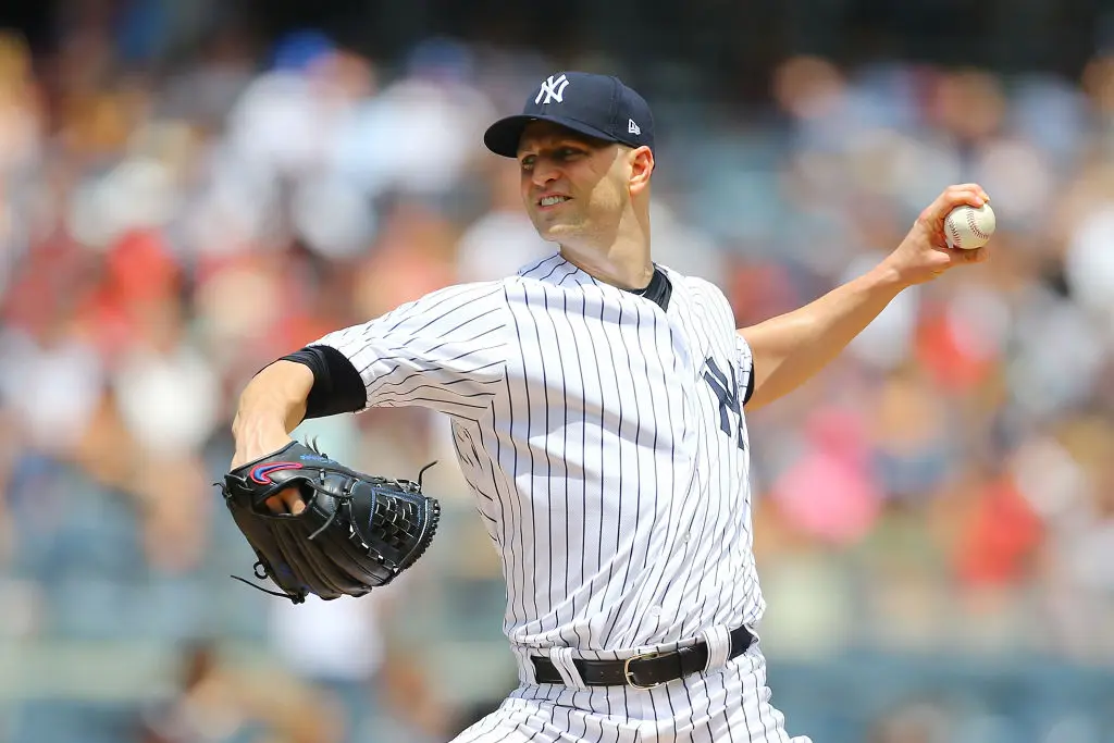NEW YORK, NY - JULY 29: J.A. Happ #34 of the New York Yankees pitches in the first inning against the Kansas City Royals at Yankee Stadium on July 29, 2018 in the Bronx borough of New York City. New York Yankees defeted the Kansas City Royals 6-3