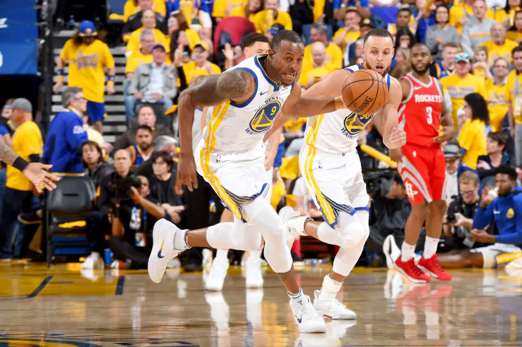 OAKLAND, CA - MAY 20: Andre Iguodala #9 of the Golden State Warriors handles the ball against the Houston Rockets during Game Three of the Western Conference Finals during the 2018 NBA Playoffs on May 20, 2018 at ORACLE Arena in Oakland, California