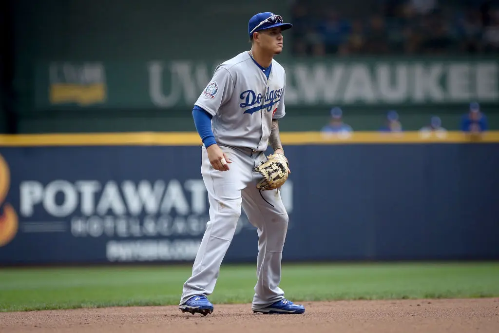 MILWAUKEE, WI - JULY 22: Manny Machado #8 of the Los Angeles Dodgers plays shortstop in the seventh inning against the Milwaukee Brewers at Miller Park on July 22, 2018 in Milwaukee, Wisconsin