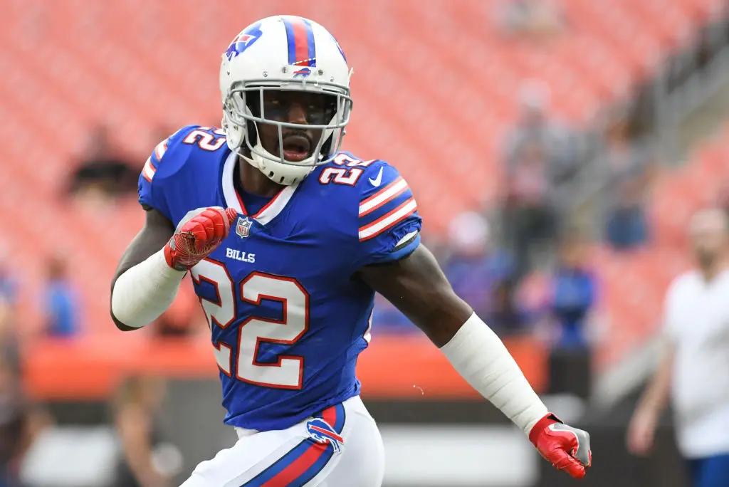 CLEVELAND, OH - AUGUST 17, 2018: Defensive back Vontae Davis #22 of the Buffalo Bills warms up prior to a preseason game against the Cleveland Browns at FirstEnergy Stadium in Cleveland, Ohio. Buffalo won 19-17