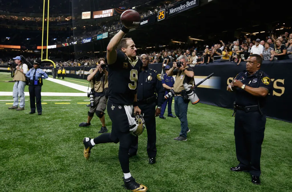 NEW ORLEANS, LA - SEPTEMBER 16: Drew Brees #9 of the New Orleans Saints reacts to their 21-18 win over the Cleveland Browns at Mercedes-Benz Superdome on September 16, 2018 in New Orleans, Louisiana