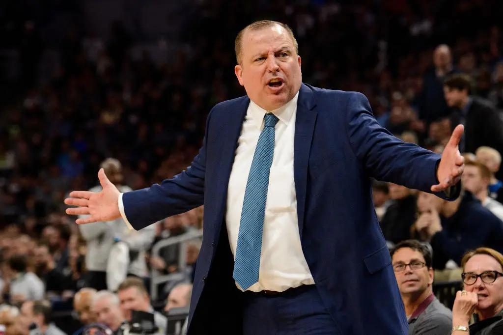 MINNEAPOLIS, MN - APRIL 11: Head coach Tom Thibodeau of the Minnesota Timberwolves reacts as his team plays against the Denver Nuggets during the game on April 11, 2018 at the Target Center in Minneapolis, Minnesota. The Timberwolves defeated the Nuggets 112-106