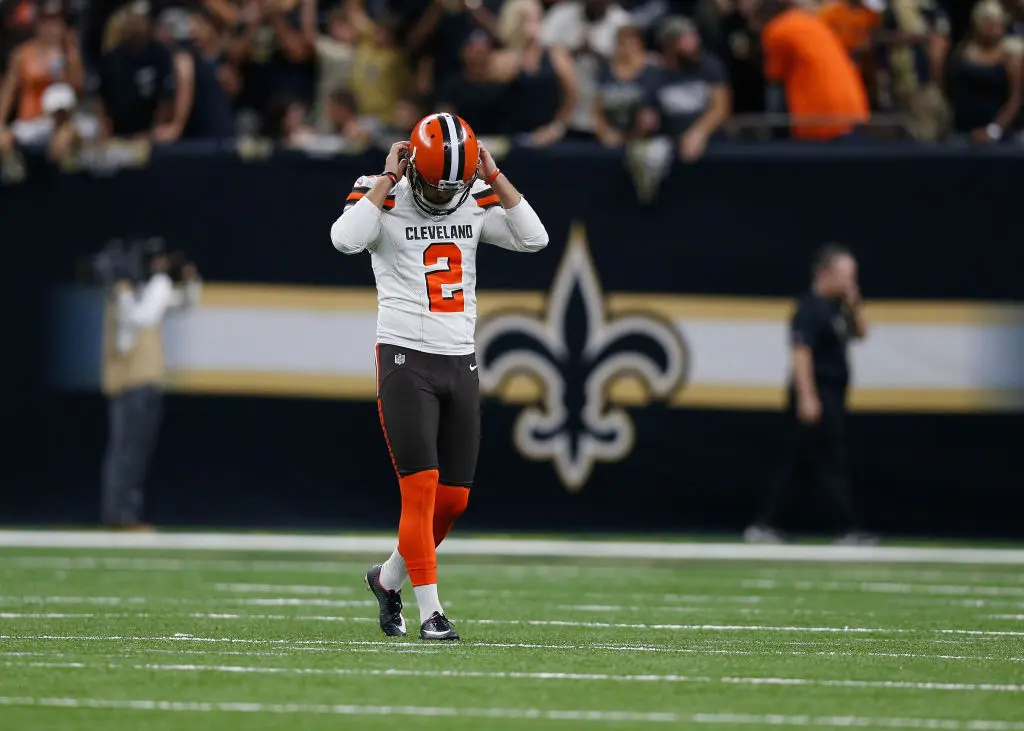 Zane Gonzalez #2 of the Cleveland Browns reacts after missing the extra point during the fourth quarter against the New Orleans Saints at Mercedes-Benz Superdome on September 16, 2018 in New Orleans, Louisiana.