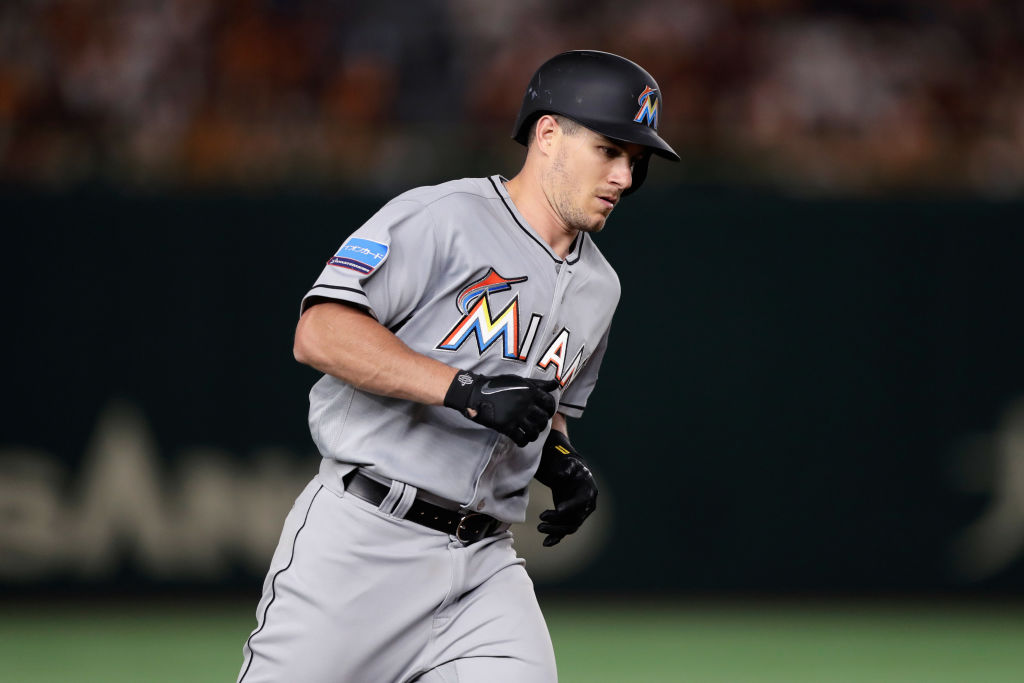 TOKYO, JAPAN - NOVEMBER 08: Catcher J.T. Rrealmuto #11 of the Miami Marlins runs after hitting a solo homer to make it 8-4 in the top of 5th inning during the exhibition game between Yomiuri Giants and the MLB All Stars at Tokyo Dome on November 8, 2018 in Tokyo, Japan