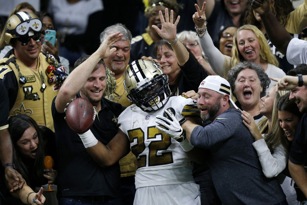 NEW ORLEANS, LOUISIANA - NOVEMBER 18: Mark Ingram #22 of the New Orleans Saints celebrates with fans after scoring a touchdown during the first half against the Philadelphia Eagles at the Mercedes-Benz Superdome on November 18, 2018 in New Orleans, Louisiana