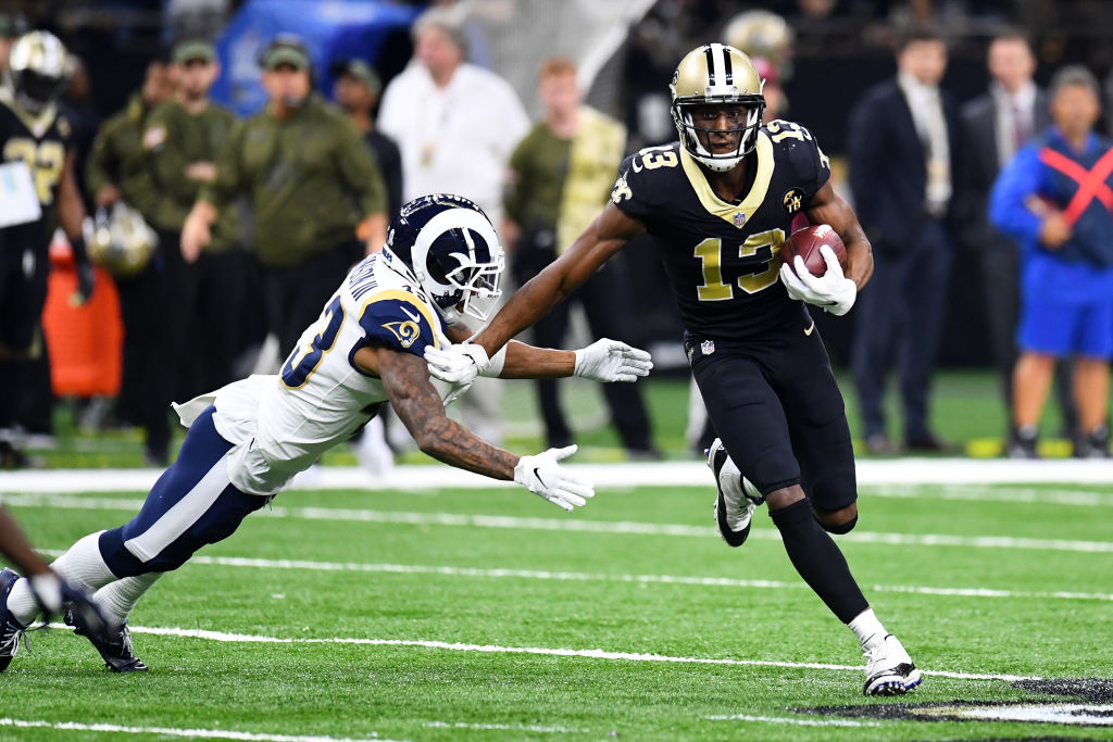 NEW ORLEANS, LA - NOVEMBER 4: Michael Thomas #13 of the New Orleans Saints runs after a catch against Sean Mannion #14 of the Los Angeles Rams at the Mercedes Benz Superdome on November 4, 2018 in New Orleans, Louisiana