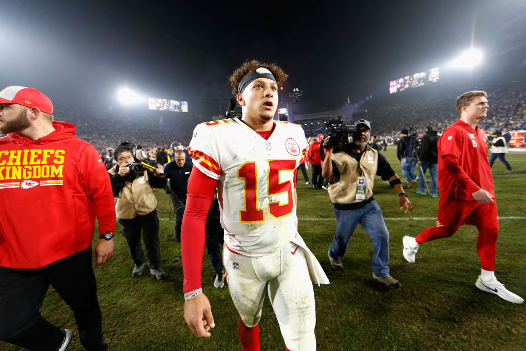 LOS ANGELES, CA - NOVEMBER 19: Patrick Mahomes #15 of the Kansas City Chiefs walks off the field after being defeated by the Los Angeles Rams 54-51 in a game at Los Angeles Memorial Coliseum on November 19, 2018 in Los Angeles, California