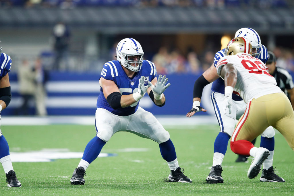 INDIANAPOLIS, IN - AUGUST 25: Quenton Nelson #56 of the Indianapolis Colts in action during a preseason game against the San Francisco 49ers at Lucas Oil Stadium on August 25, 2018 in Indianapolis, Indiana
