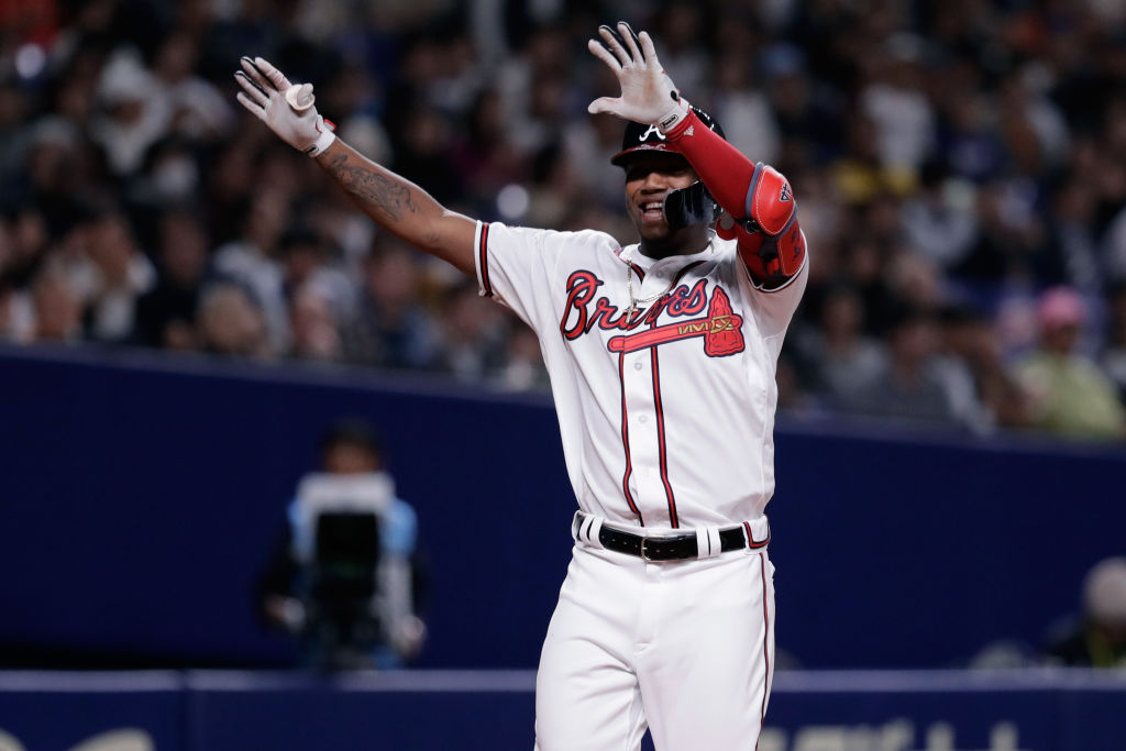 NAGOYA, JAPAN - NOVEMBER 15: Outfielder Ronald Acuna Jr. #13 of the Atlanta Braves celebrates after hitting a solo home run in the bottom of 8th inning during the game six between Japan and MLB All Stars at Nagoya Dome on November 15, 2018 in Nagoya, Aichi, Japan
