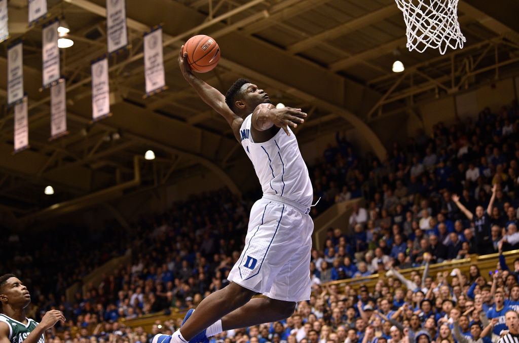DURHAM, NORTH CAROLINA - NOVEMBER 14: Zion Williamson #1 of the Duke Blue Devils dunks against the Eastern Michigan Eagles during the first half of their game at Cameron Indoor Stadium on November 14, 2018 in Durham, North Carolina