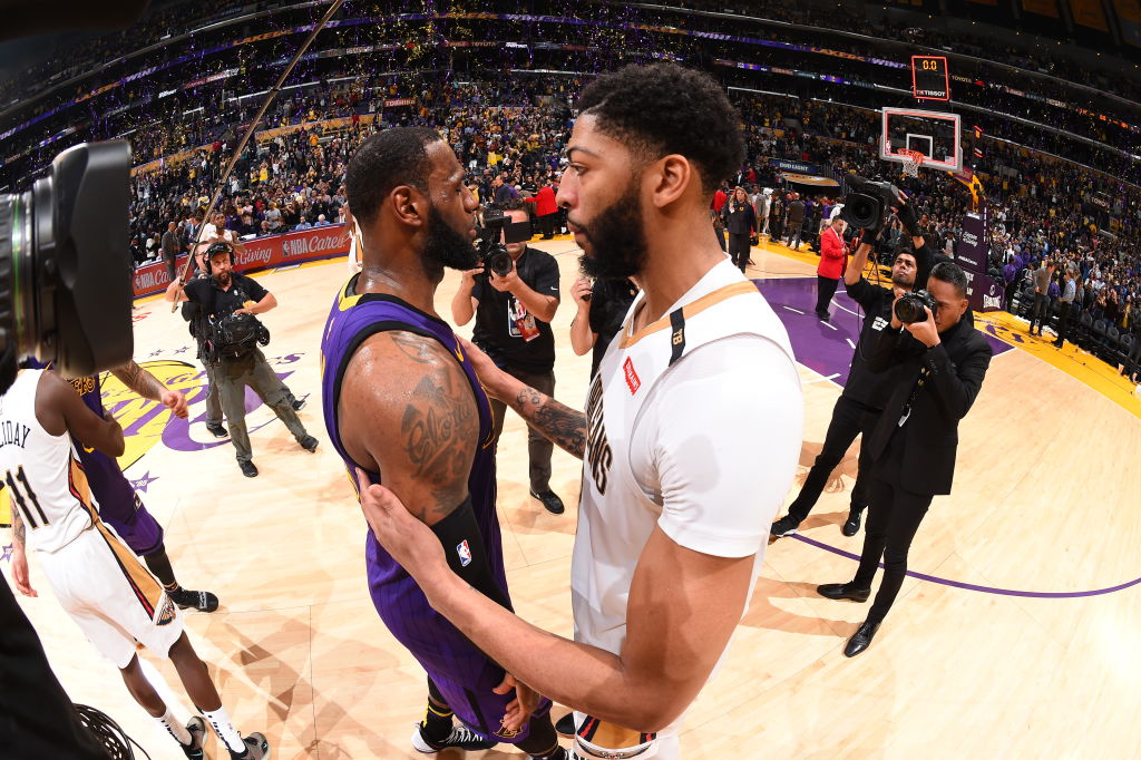 LOS ANGELES, CA - DECEMBER 21: LeBron James #23 of the Los Angeles Lakers and Anthony Davis #23 of the New Orleans Pelicans shake hands after a game on December 21, 2018 at STAPLES Center in Los Angeles, California