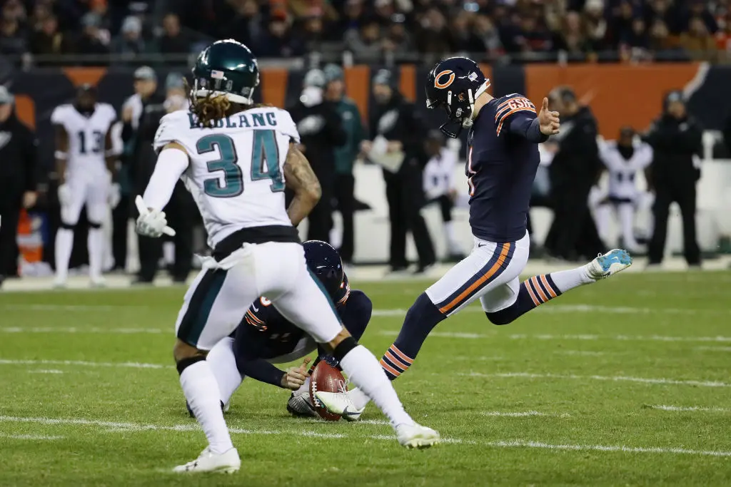 CHICAGO, ILLINOIS - JANUARY 06: Cody Parkey #1 of the Chicago Bears kicks a field goal against the Philadelphia Eagles in the second quarter of the NFC Wild Card Playoff game at Soldier Field on January 06, 2019 in Chicago, Illinois