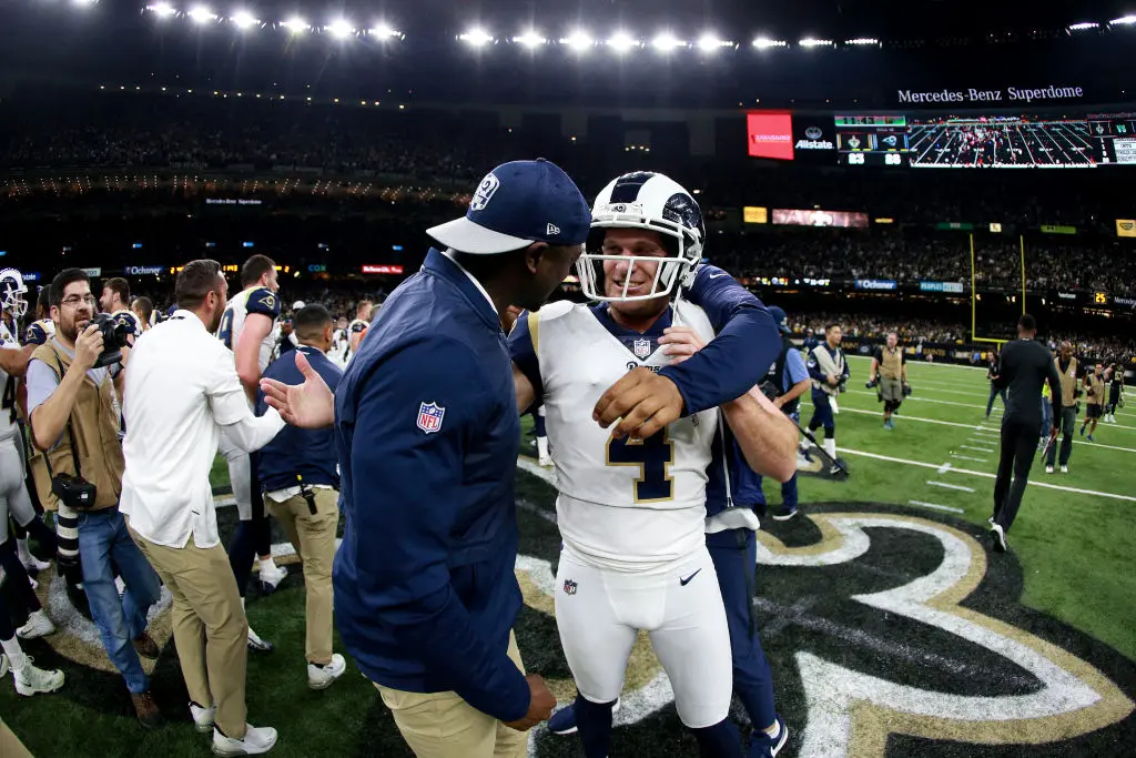 NEW ORLEANS, LOUISIANA - JANUARY 20: Johnny Hekker #6 and Greg Zuerlein #4 of the Los Angeles Rams celebrate after kicking the game winning field goal in overtime against the New Orleans Saints in the NFC Championship game at the Mercedes-Benz Superdome on January 20, 2019 in New Orleans, Louisiana. The Los Angeles Rams defeated the New Orleans Saints with a score of 26 to 23