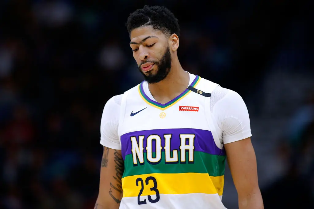 NEW ORLEANS, LOUISIANA - FEBRUARY 08: Anthony Davis #23 of the New Orleans Pelicans reacts during the first half against the Minnesota Timberwolves at the Smoothie King Center on February 08, 2019 in New Orleans, Louisiana