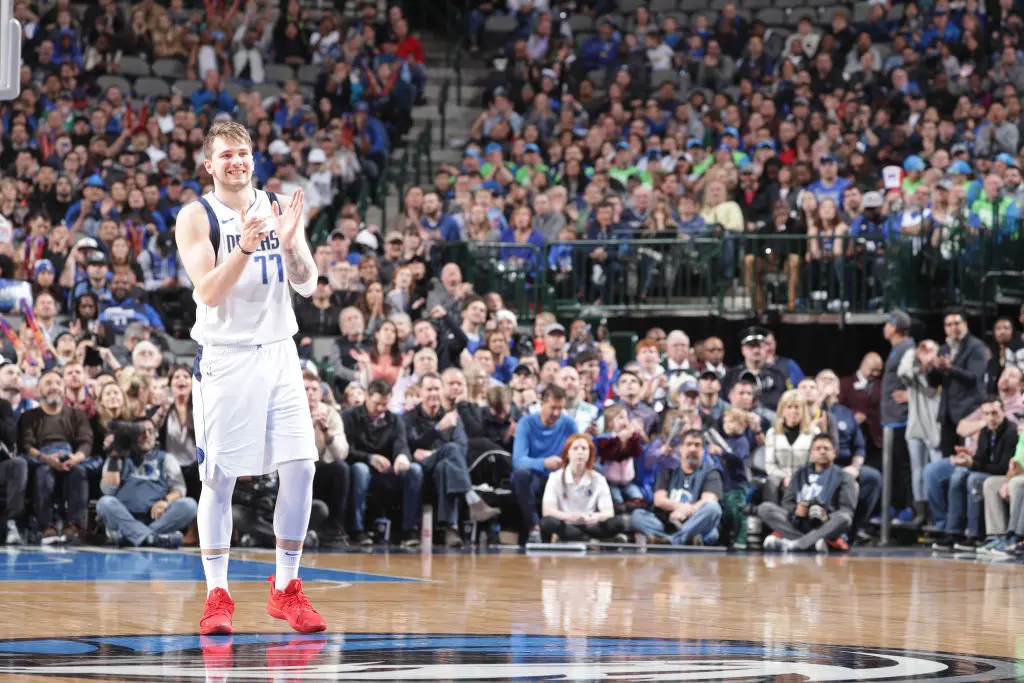 DALLAS, TX - FEBRUARY 10: Luka Doncic #77 of the Dallas Mavericks smiles during the game against the Portland Trail Blazers on February 10, 2019 at the American Airlines Center in Dallas, Texas