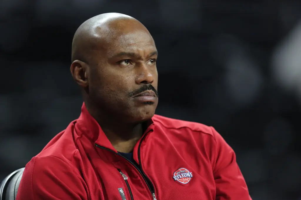 AUBURN HILLS, MI - JANUARY 18: Tim Hardaway of the Detroit Pistons watches his team warm up before a game against the Atlanta Hawks at the Palace of Auburn Hills on January 18, 2017 in Auburn Hills, Michigan