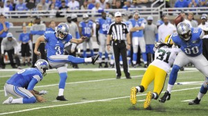 Nate Freese desperdiçou field goal de 41 jardas contra os Packers (Foto: Robin Buckson , Detroit News)