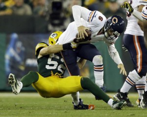 Jay Cutler completou menos de 60% dos passes na derrota para os Packers (Foto: The Associated Press)