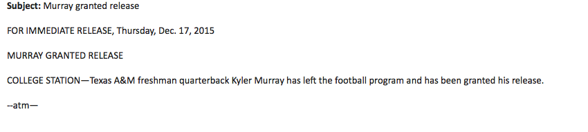 A nota oficial enviada por Texas A&M a imprensa confirmando a transferência de Kyler Murray (Foto: Reprodução/Twitter)