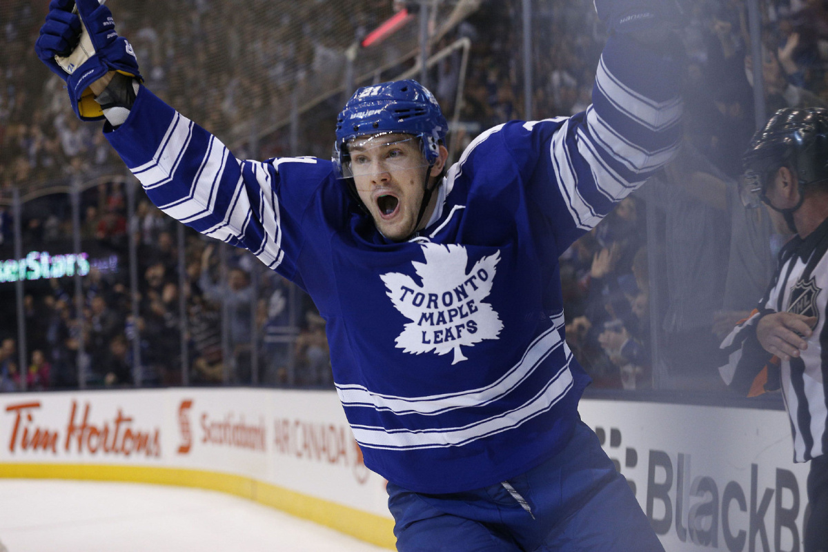SP-LEAFS18JAN TORONTO, ON - JANUARY 18 - Toronto's James Van Riemsdyk celebrates his goal during the 3rd period of NHL action between the Toronto Maple Leafs and the Montreal Canadiens at the Air Canada Centre onJanuary 18, 2014. The Maple Leafs won the game 5-3. Carlos Osorio/Toronto Star