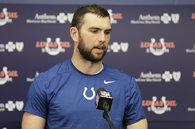 Indianapolis Colts quarterback Andrew Luck (12) speaks during a press conference following an NFL football game against the Tennessee Titans in Indianapolis, Sunday, Nov. 20, 2016. The Colts defeated the Titans 24-17. (AP Photo/Darron Cummings)