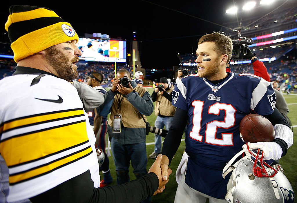 FOXBORO, MA - NOVEMBER 03: Ben Roethlisberger #7 of the Pittsburgh Steelers greets Tom Brady #12 of the New England Patriots following the game at Gillette Stadium on November 3, 2013 in Foxboro, Massachusetts.
